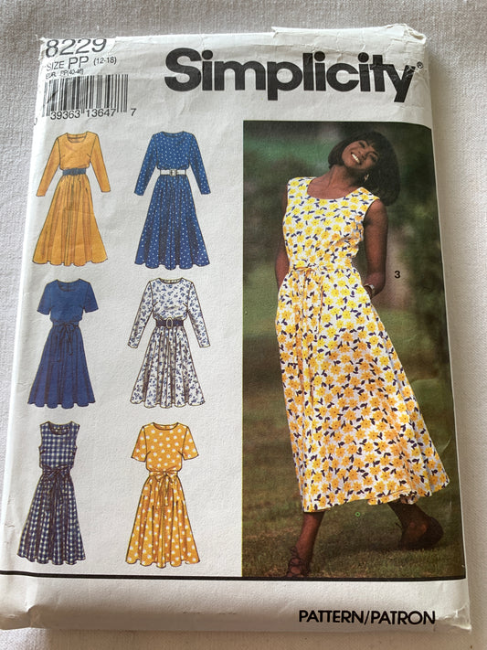 Simplicity Sewing Pattern 6437 Misses'/Miss Petite Dresses, Two Lengths, Tie Belt, Long/Short Sleeves, Zipper Back, Size 12-18, Uncut, Vintage 1992