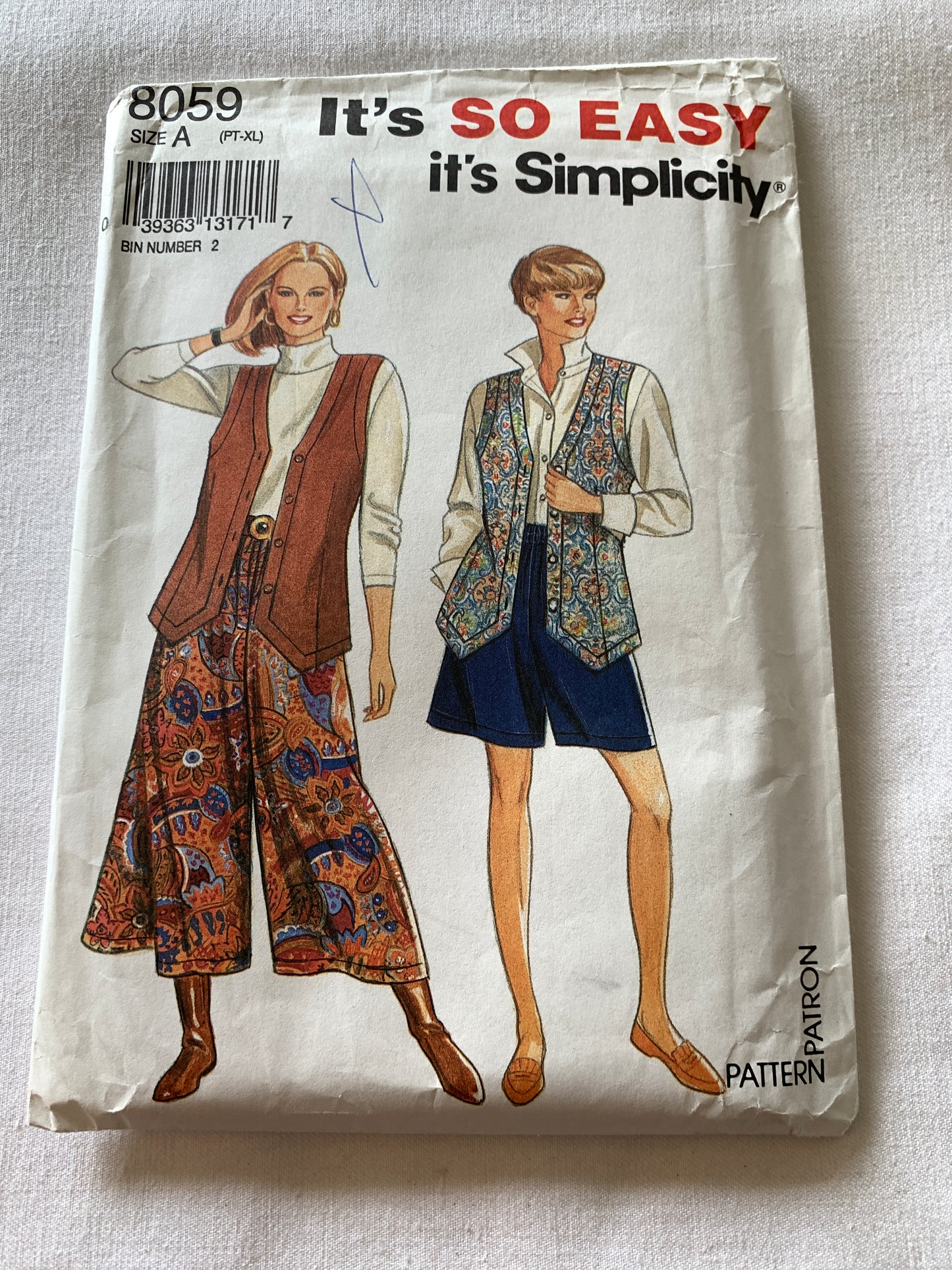 Simplicity Sewing Pattern 8059 Misses' Split Skirt, Two Lengths, Lined Vest, Pockets, Elastic Waist, Size 6-24, Uncut, Vintage 1992