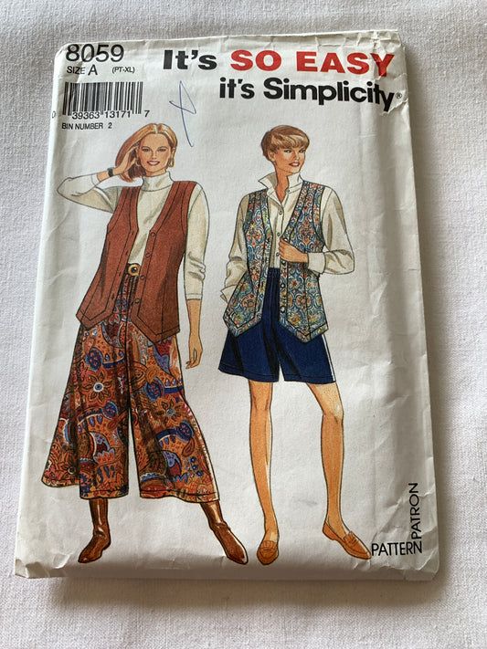 Simplicity Sewing Pattern 8059 Misses' Split Skirt, Two Lengths, Lined Vest, Pockets, Elastic Waist, Size 6-24, Uncut, Vintage 1992