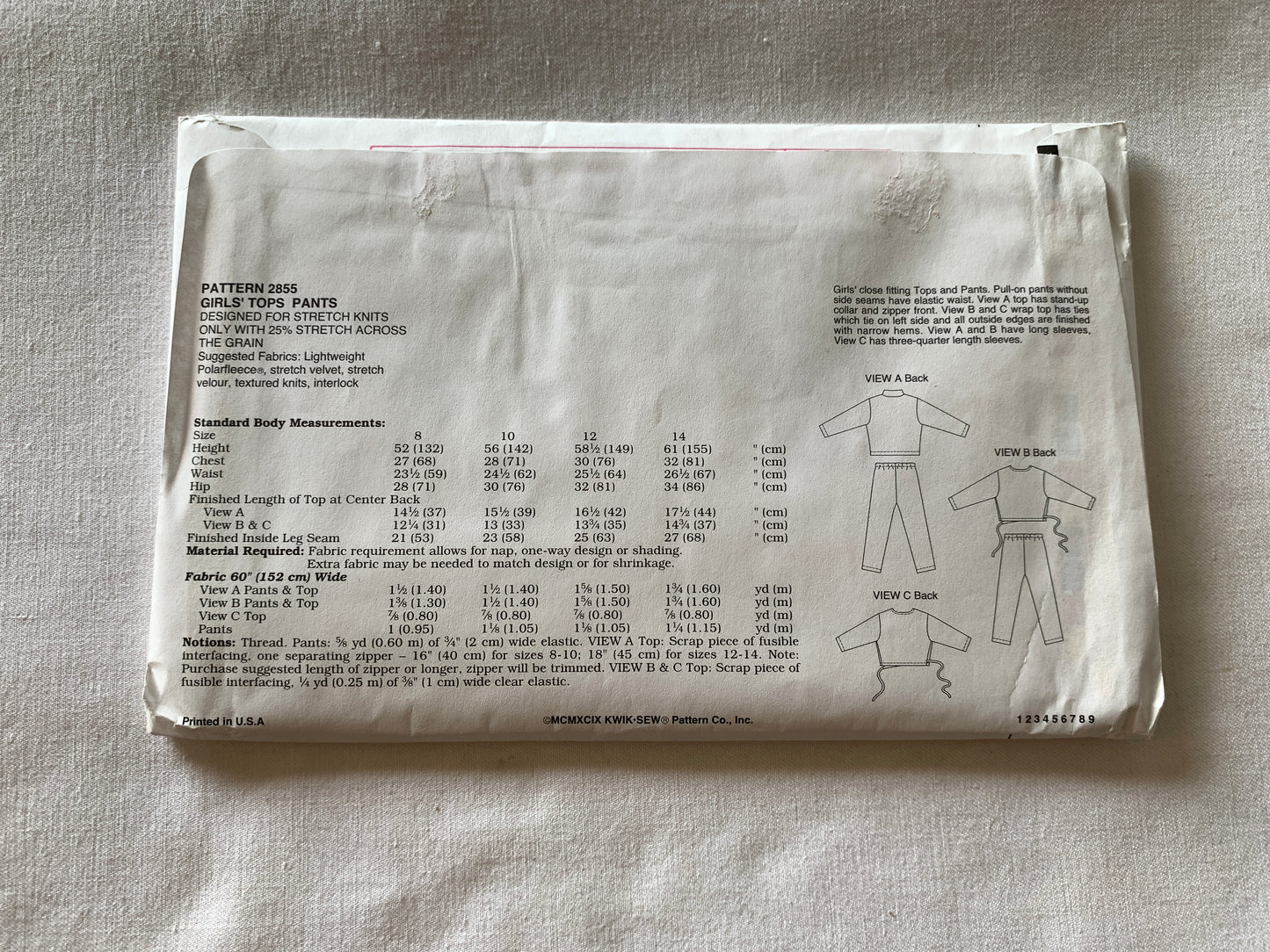 KWIK Sewing Pattern 2855 Girls' Tops, Pants, Elastic Waist, Long Sleeves, Pullover, Stretch Knits, Uncut, Size 8-14, Vintage 1980