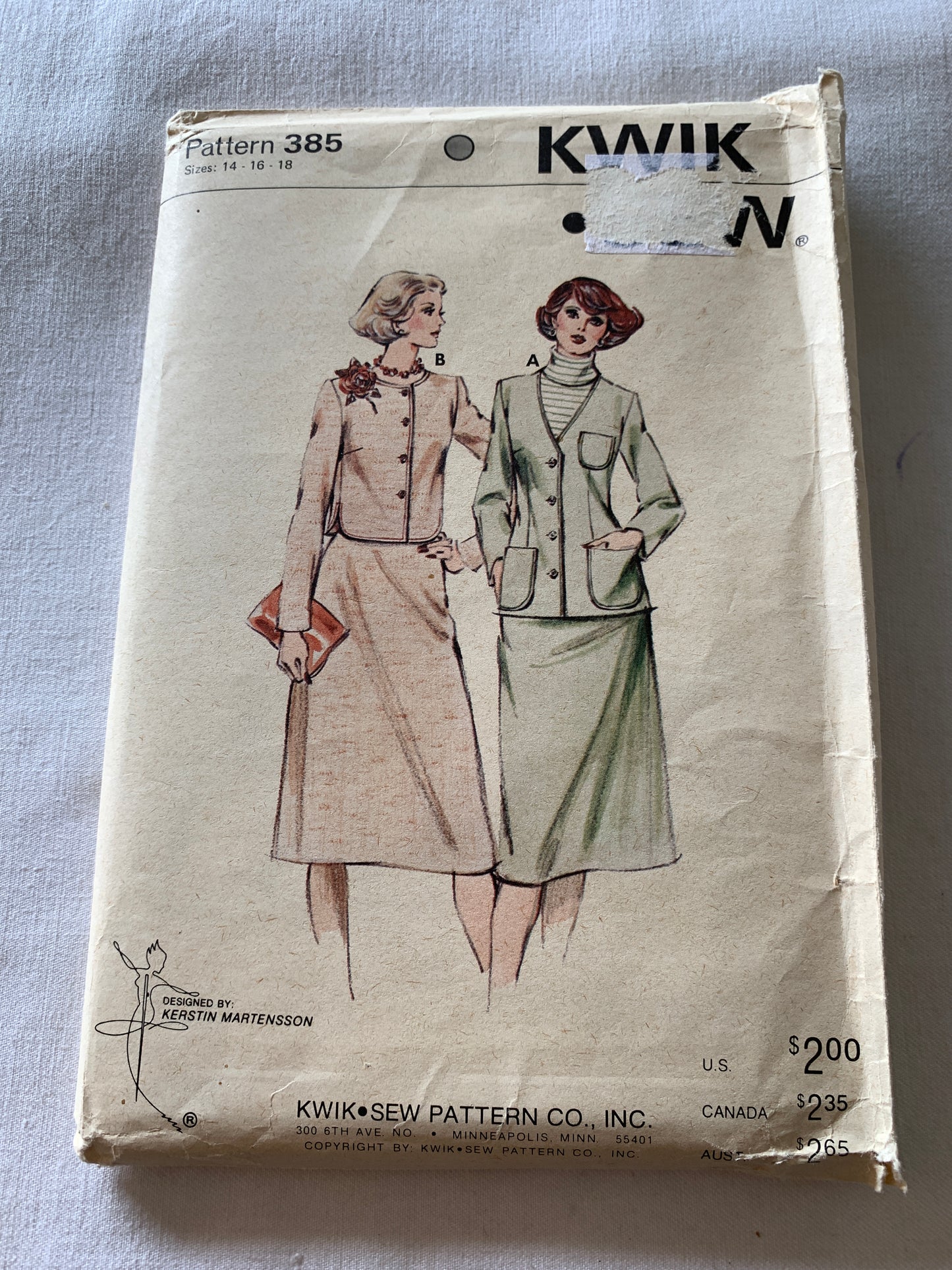 Kwik Sewing Pattern 385 Misses' Jackets, Skirts, Button Front, Long Sleeves, Semi-Fitted, Pockets, Elastic Waist, Size 14-18, Uncut, Vintage 1967