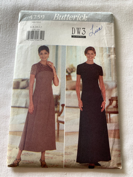Butterick Sewing Pattern 4759 Misses'/Misses' Petite Dress, Fitted, Zipper Back, Size 6-12, Uncut, Vintage 1996