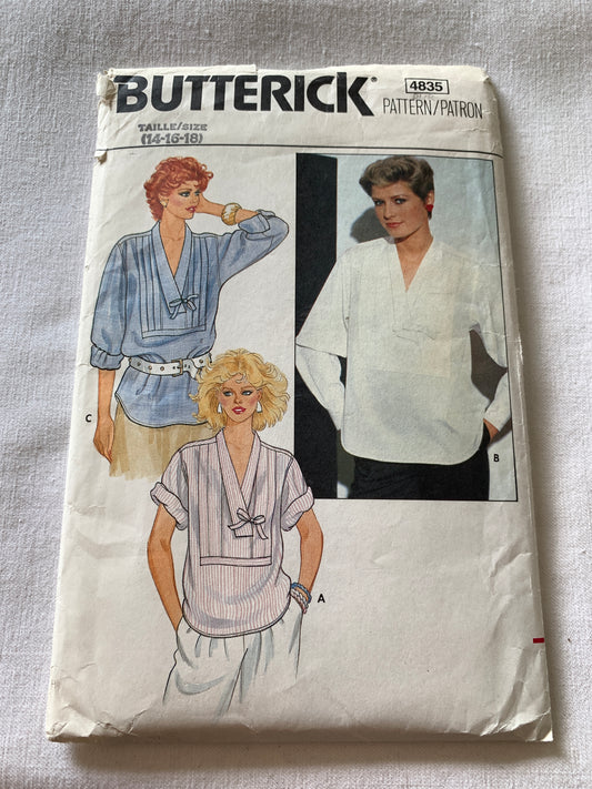 Butterick Sewing Pattern 4835 Misses' Blouse, Loose-Fitting, Short/Long Sleeves, Shawl Collar, Size 14-18, Uncut, Vintage 1960