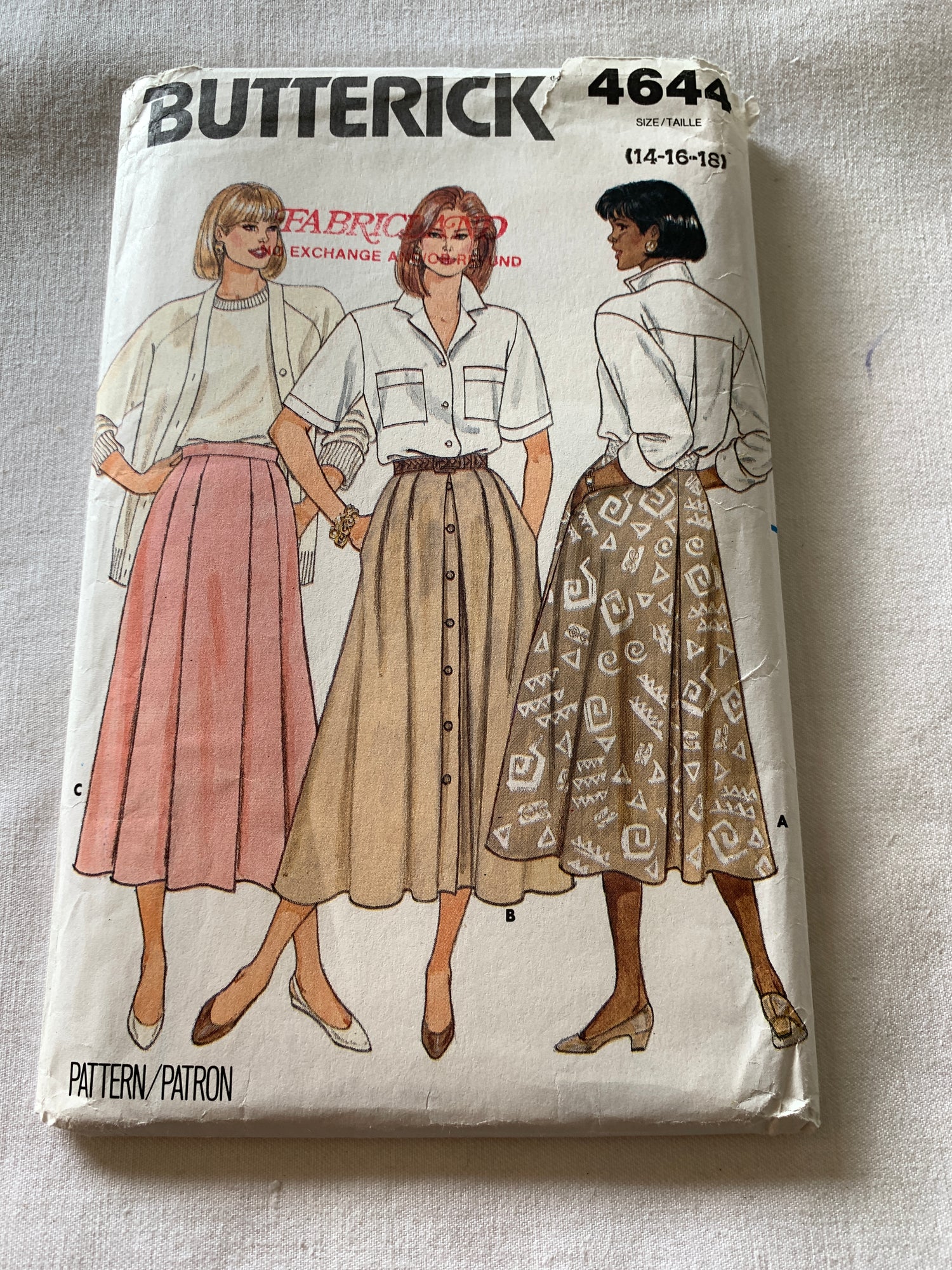 Butterick Sewing Pattern 4644 Misses' Skirts, 3 Variations, Pockets, Side Zipper, Full Skirt, Button Front, Size 14-18, Uncut, Vintage 1987