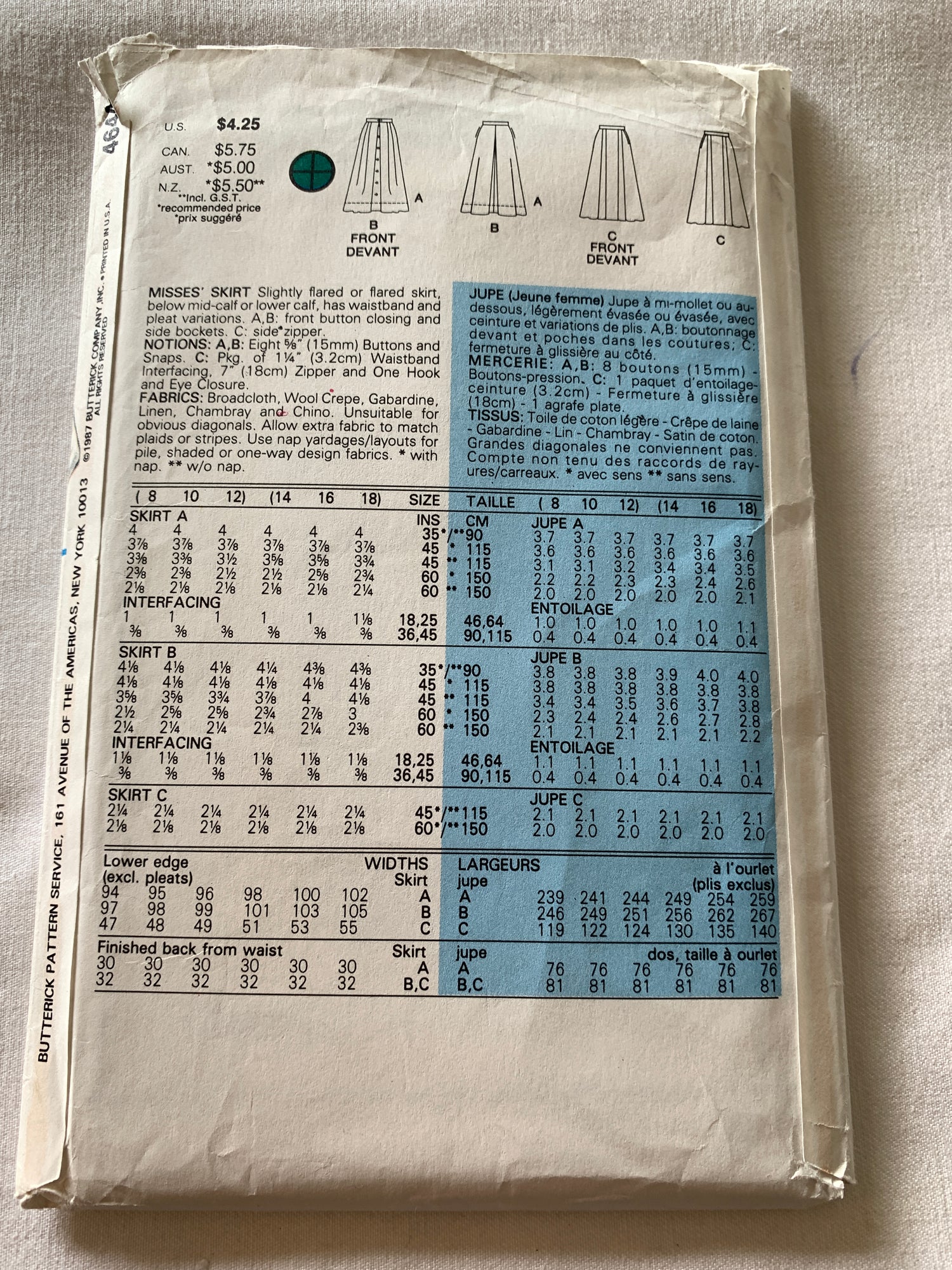 Butterick Sewing Pattern 4644 Misses' Skirts, 3 Variations, Pockets, Side Zipper, Full Skirt, Button Front, Size 14-18, Uncut, Vintage 1987