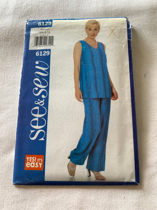 Butterick Sewing Pattern 6129 Misses' Shirt, Top, Pants, Elastic Waist, Size 6-8, Uncut, Vintage 1999
