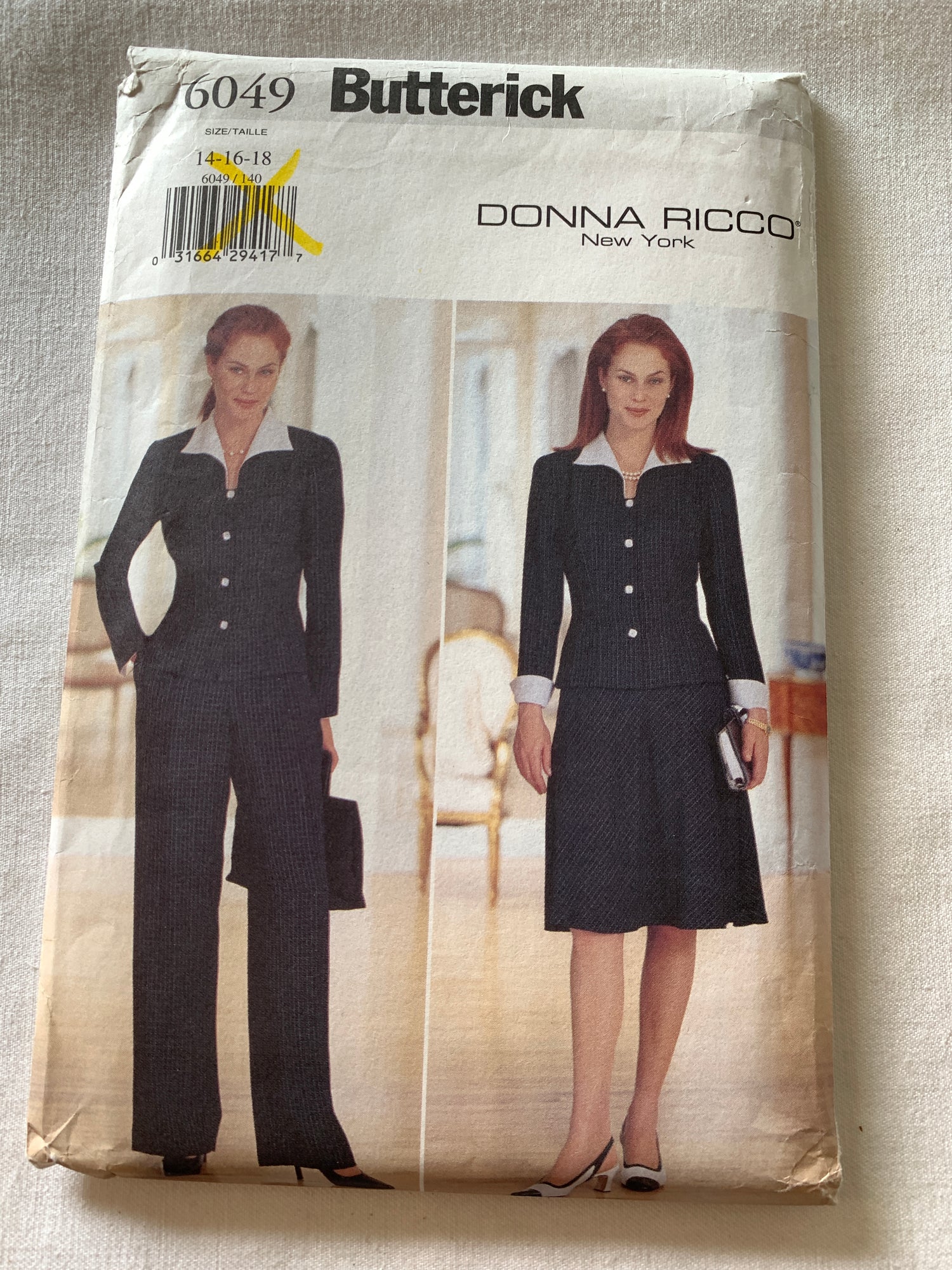 Butterick Sewing Pattern Donna Ricco 6049 Misses' Top, Skirt, Pants, Semi-Fitted, Side Zipper, Size 14-18, Uncut, Vintage 1999