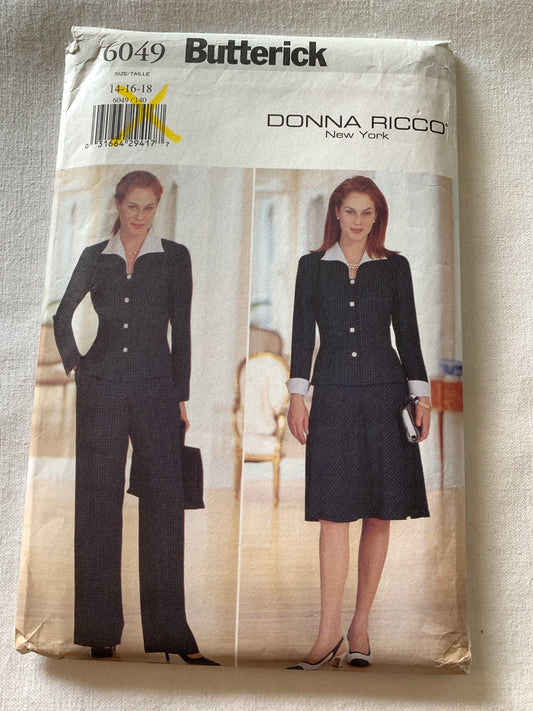 Butterick Sewing Pattern Donna Ricco 6049 Misses' Top, Skirt, Pants, Semi-Fitted, Side Zipper, Size 14-18, Uncut, Vintage 1999