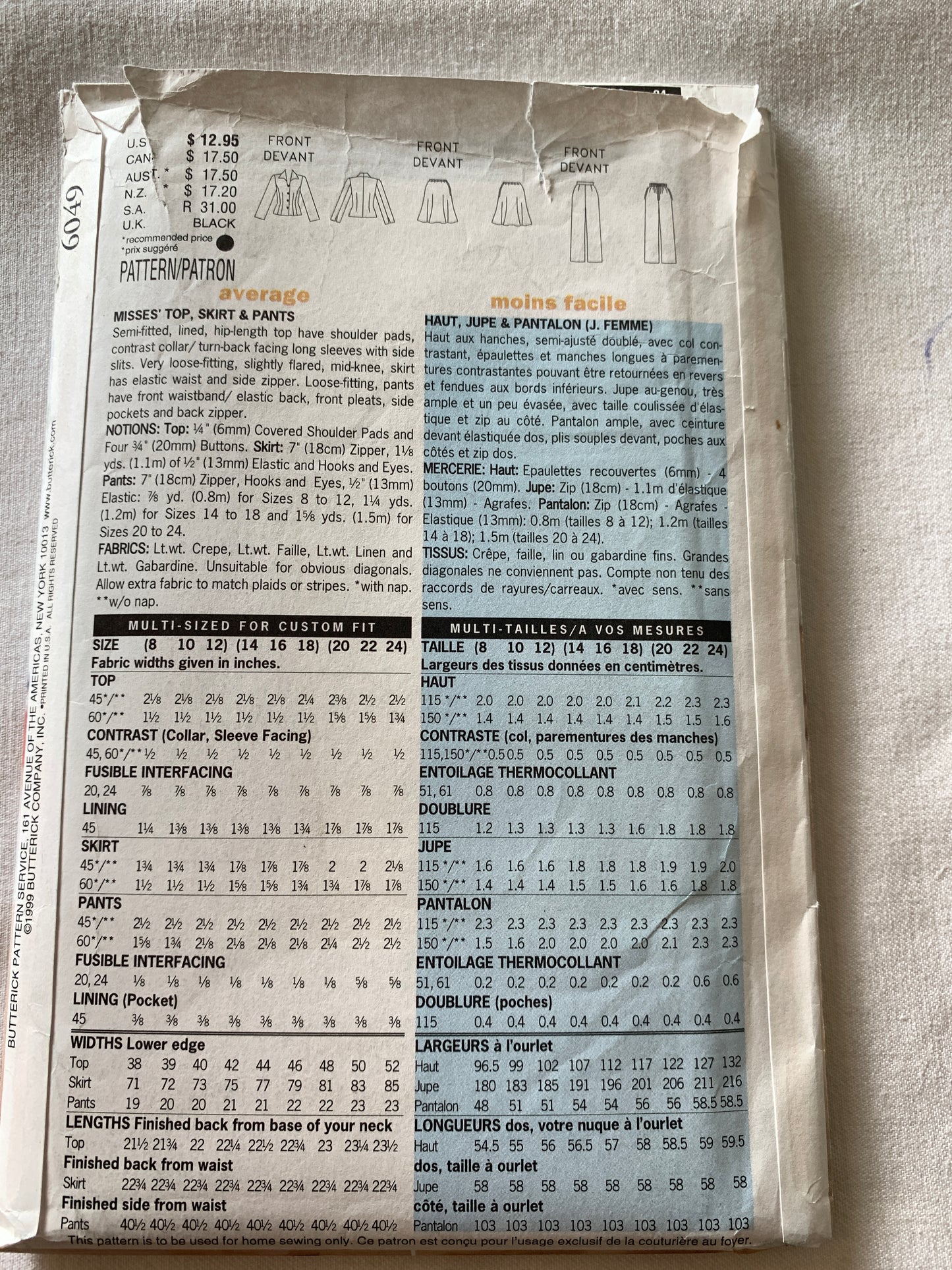 Butterick Sewing Pattern Donna Ricco 6049 Misses' Top, Skirt, Pants, Semi-Fitted, Side Zipper, Size 14-18, Uncut, Vintage 1999