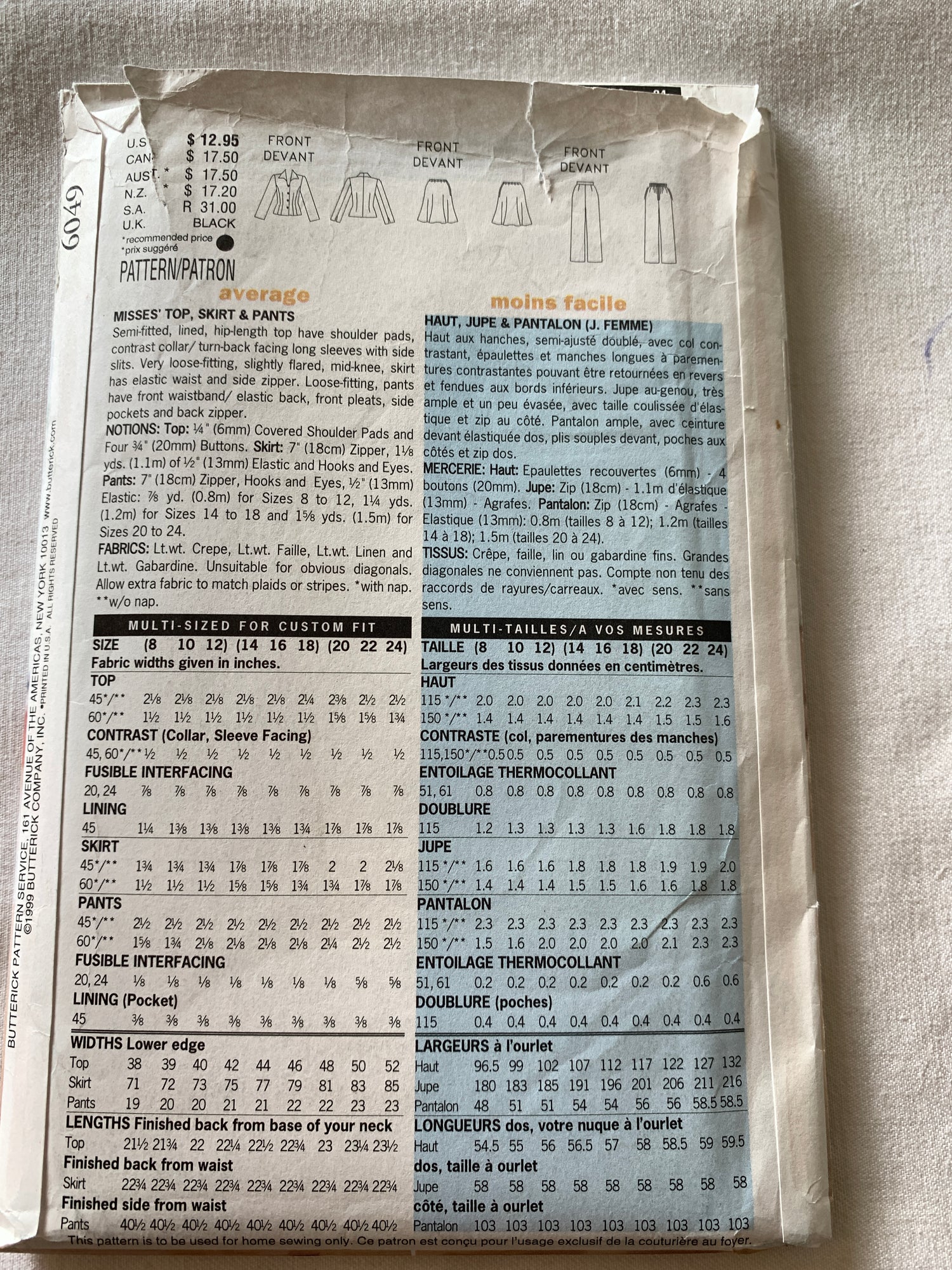 Butterick Sewing Pattern Donna Ricco 6049 Misses' Top, Skirt, Pants, Semi-Fitted, Side Zipper, Size 14-18, Uncut, Vintage 1999