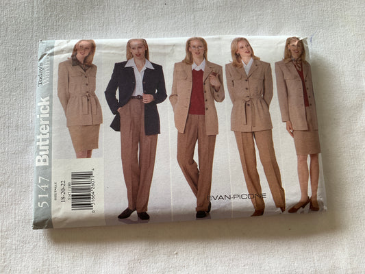 Butterick Sewing Pattern 5147 Misses'/Misses' Petite Lined Jacket, Top, Skirt & Pants, Collar, Zipper, Front Button, Loose-Fitting, Size 18-22, Uncut, Vintage 1997