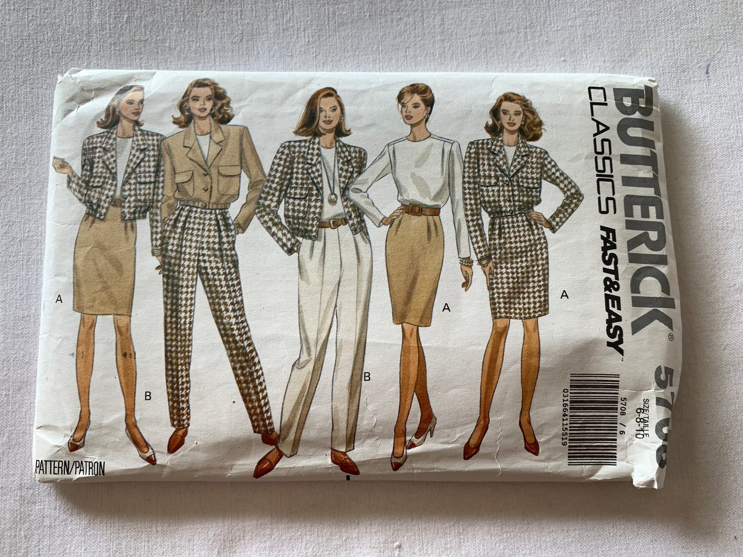 Butterick Sewing Pattern 5708 Misses' Unlined Jacket, Top, Skirt, Pants, Loose-Fitting, Zipper, Front Button, Size 6-10, Uncut, Vintage 1991
