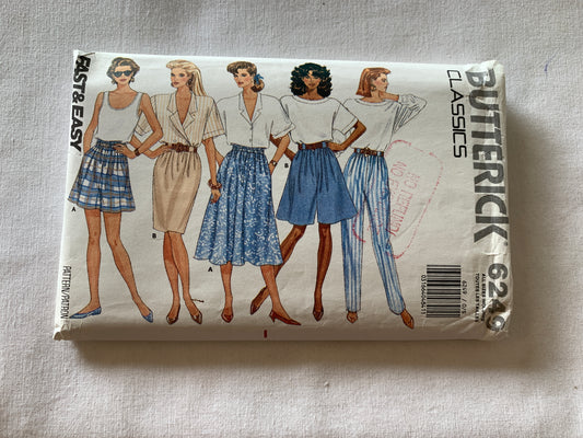 Butterick Sewing Pattern 6249 Misses' Skirt, Shorts, Pants, Flared, Elastic Waist, Pockets, Size 6-22, Uncut, Vintage 1988
