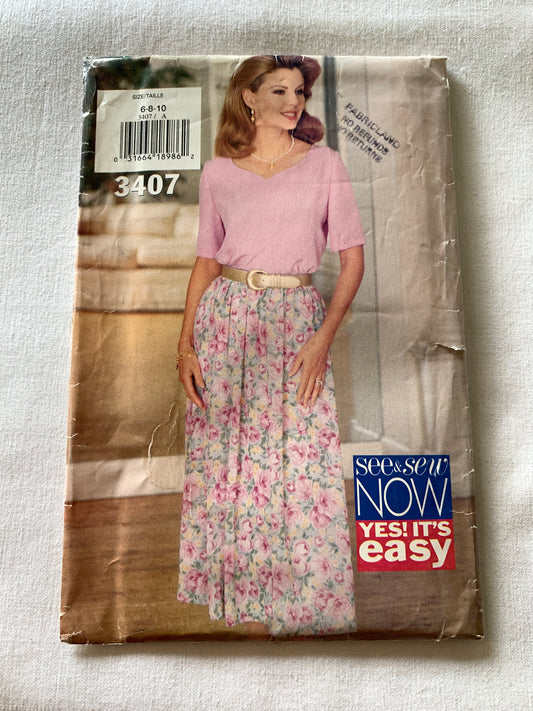 Butterick Sewing Pattern See & Sew 3407 Misses' Top, Skirt, Slip, Short Sleeves, Loose-Fitting, Elastic Waist, Size 6-10, Uncut, Vintage 1994