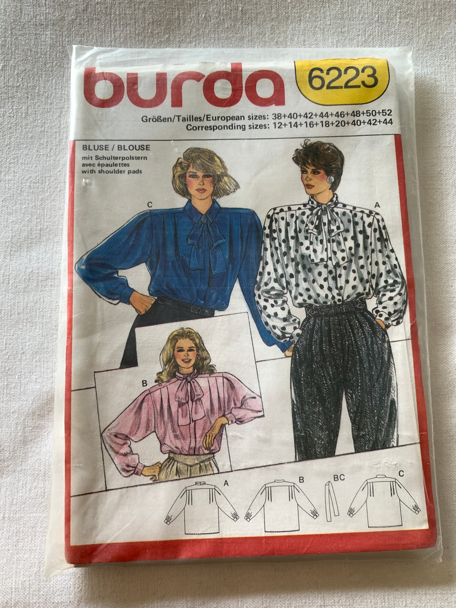 Burda Sewing Pattern 6223 Misses' Blouse, Button Front, Collar, 3 Variations, Loose-Fitting, Long Sleeves, Size 12-44, Uncut, Vintage 1999