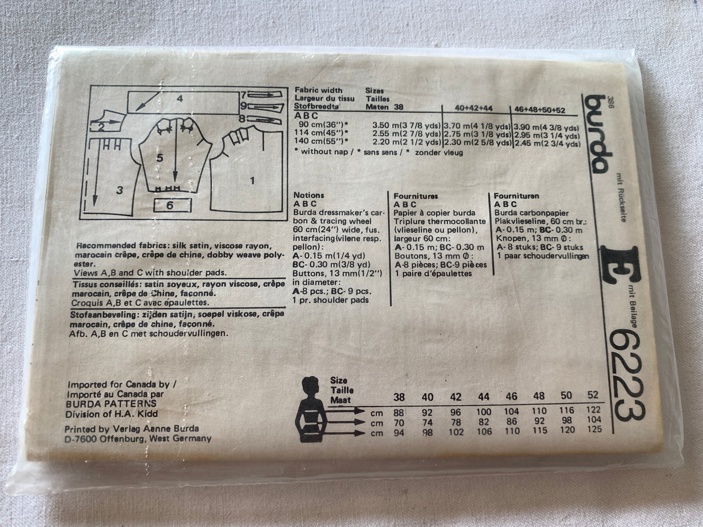 Burda Sewing Pattern 6223 Misses' Blouse, Button Front, Collar, 3 Variations, Loose-Fitting, Long Sleeves, Size 12-44, Uncut, Vintage 1999