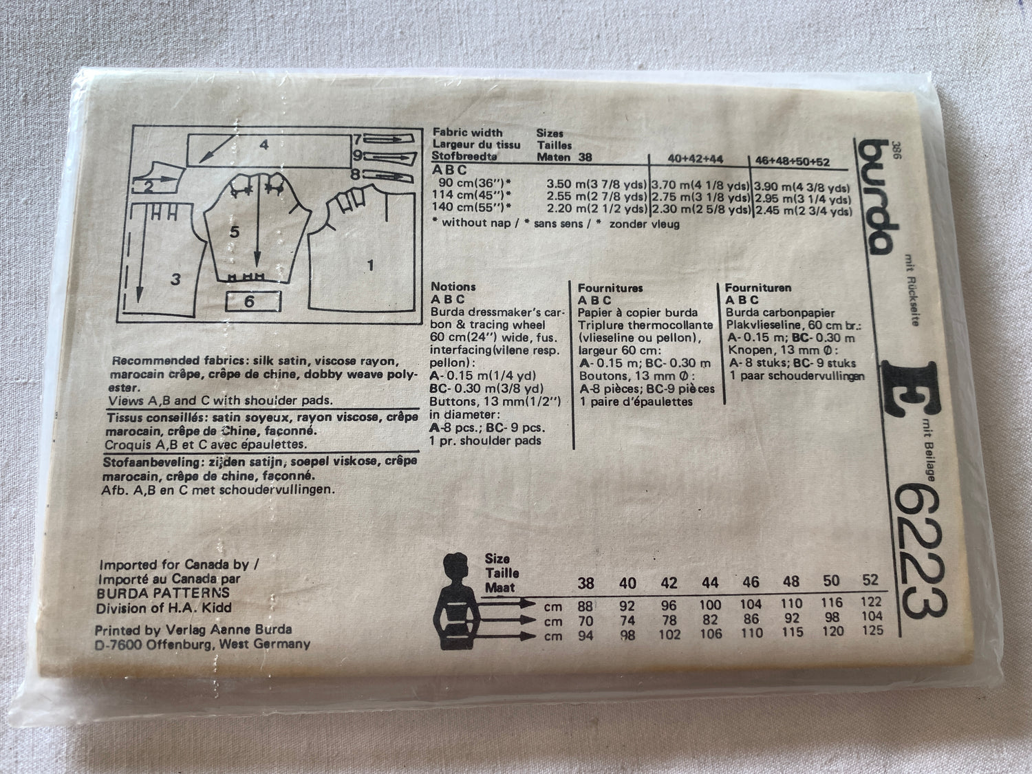 Burda Sewing Pattern 6223 Misses' Blouse, Button Front, Collar, 3 Variations, Loose-Fitting, Long Sleeves, Size 12-44, Uncut, Vintage 1999
