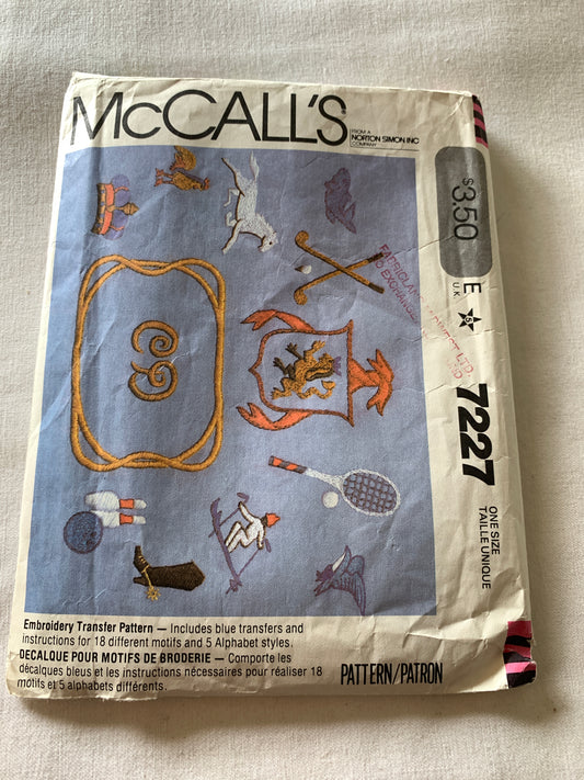 McCall's Sewing Pattern 7227 Transfers Embroidery Craft, 23 Motifs, Skiing, Golf, Bowling,  Uncut, Vintage 1990