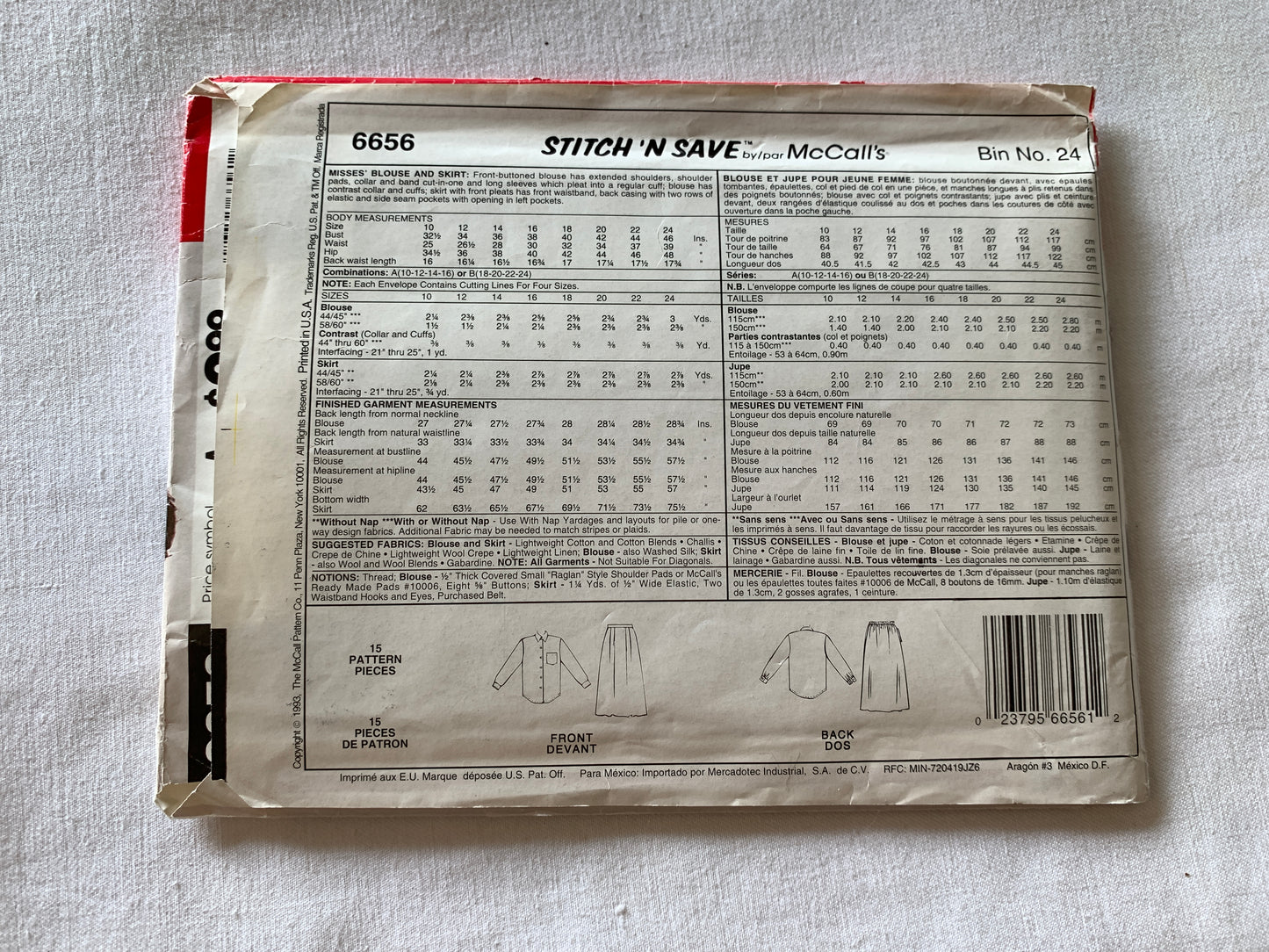 McCall's Sewing Pattern 6656 Misses' Blouse, Skirt, Front Button, Shoulder Pads, Pockets, Uncut, Vintage 1993