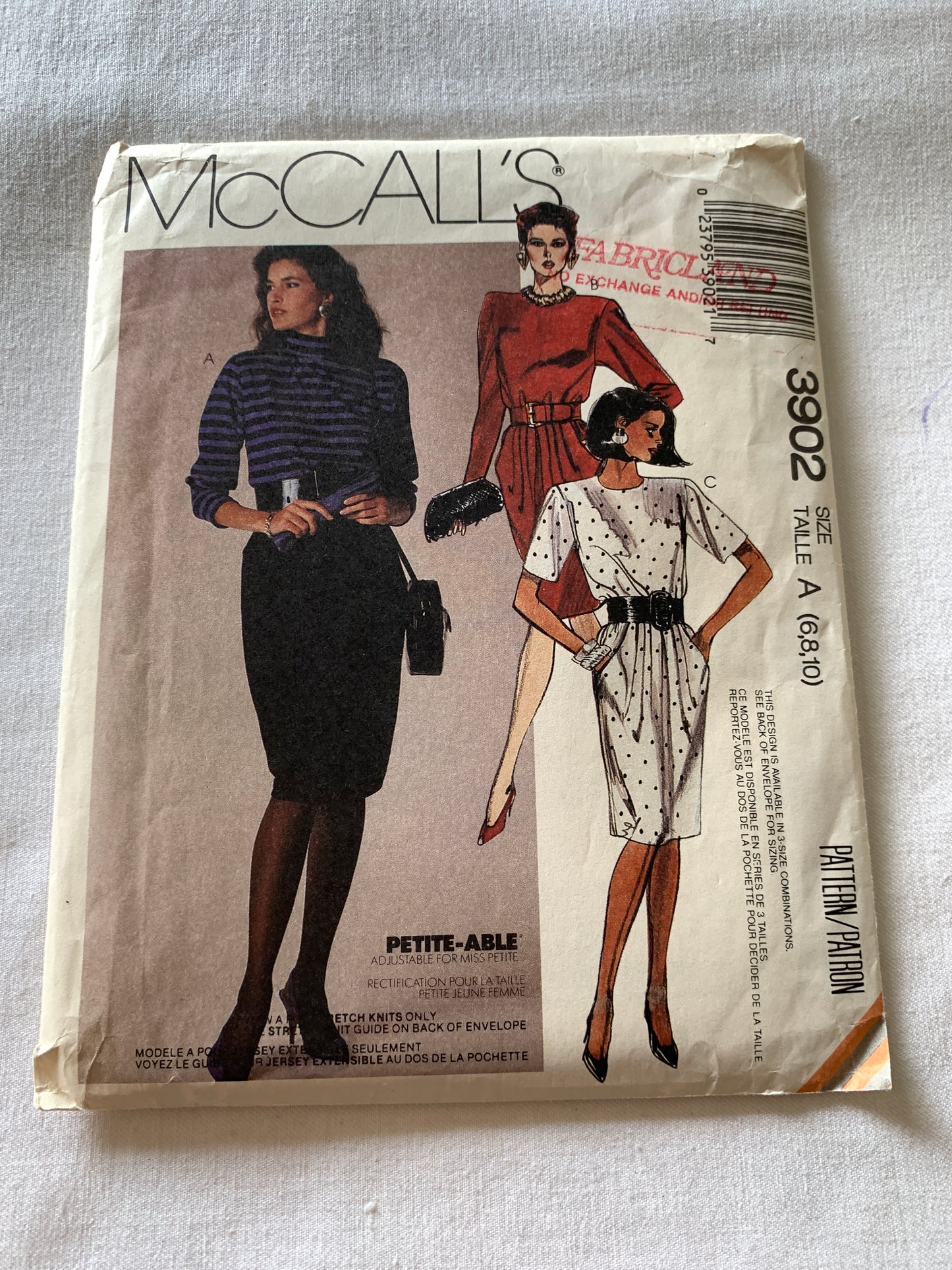 McCall's Sewing Pattern 3902 Misses' Dress, Stretch Knits Only, Zipper Back, Shoulder Pads, Size 6-10, Uncut, Vintage 1988