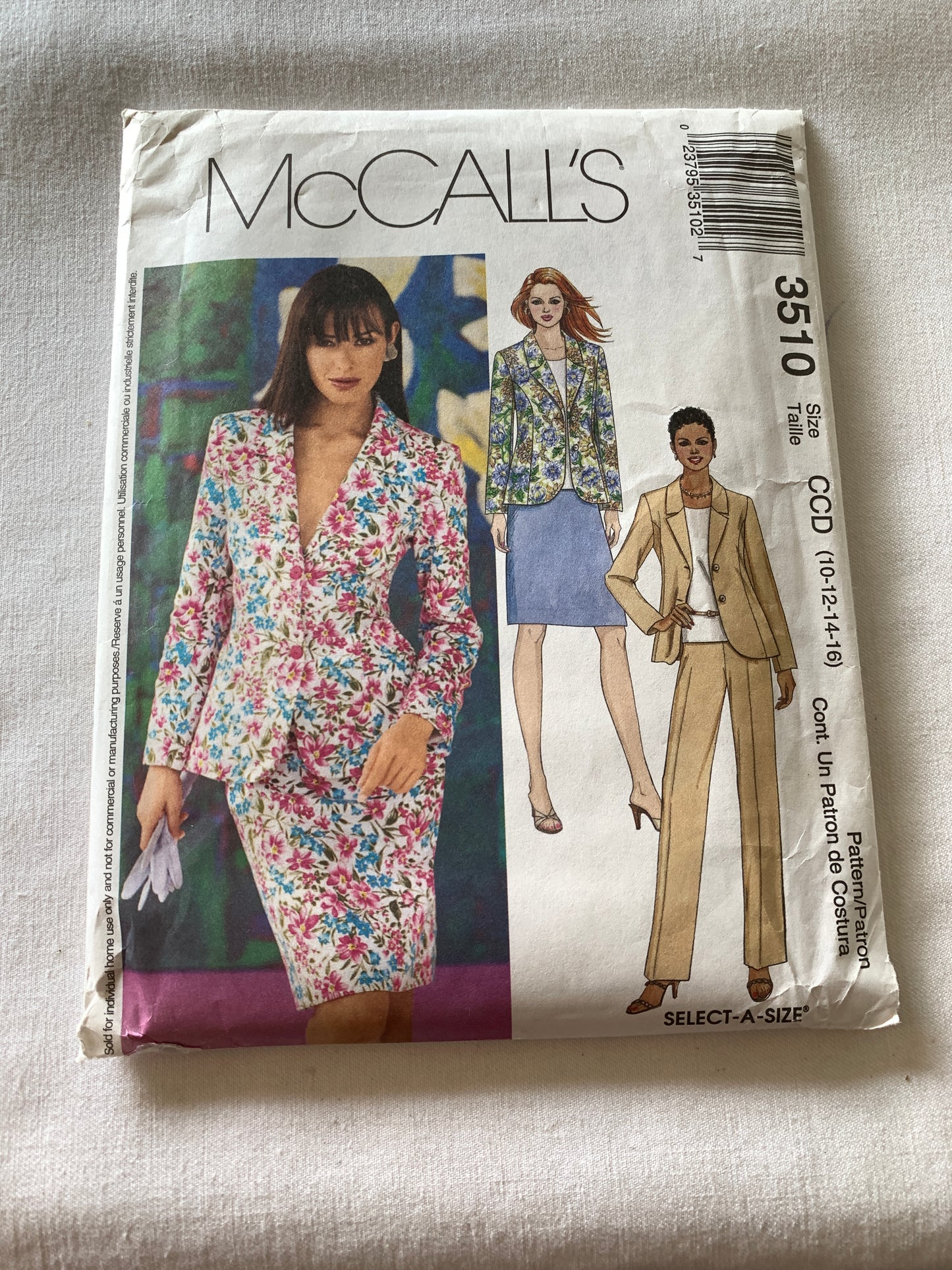 McCall's Sewing Pattern 3510 Misses'/Miss Petite Lined Jacket, Top, Skirt, Pants, Two Lengths, Pockets, Collar, Zipper Back, Button Front, Size 10-16, Uncut, 2002