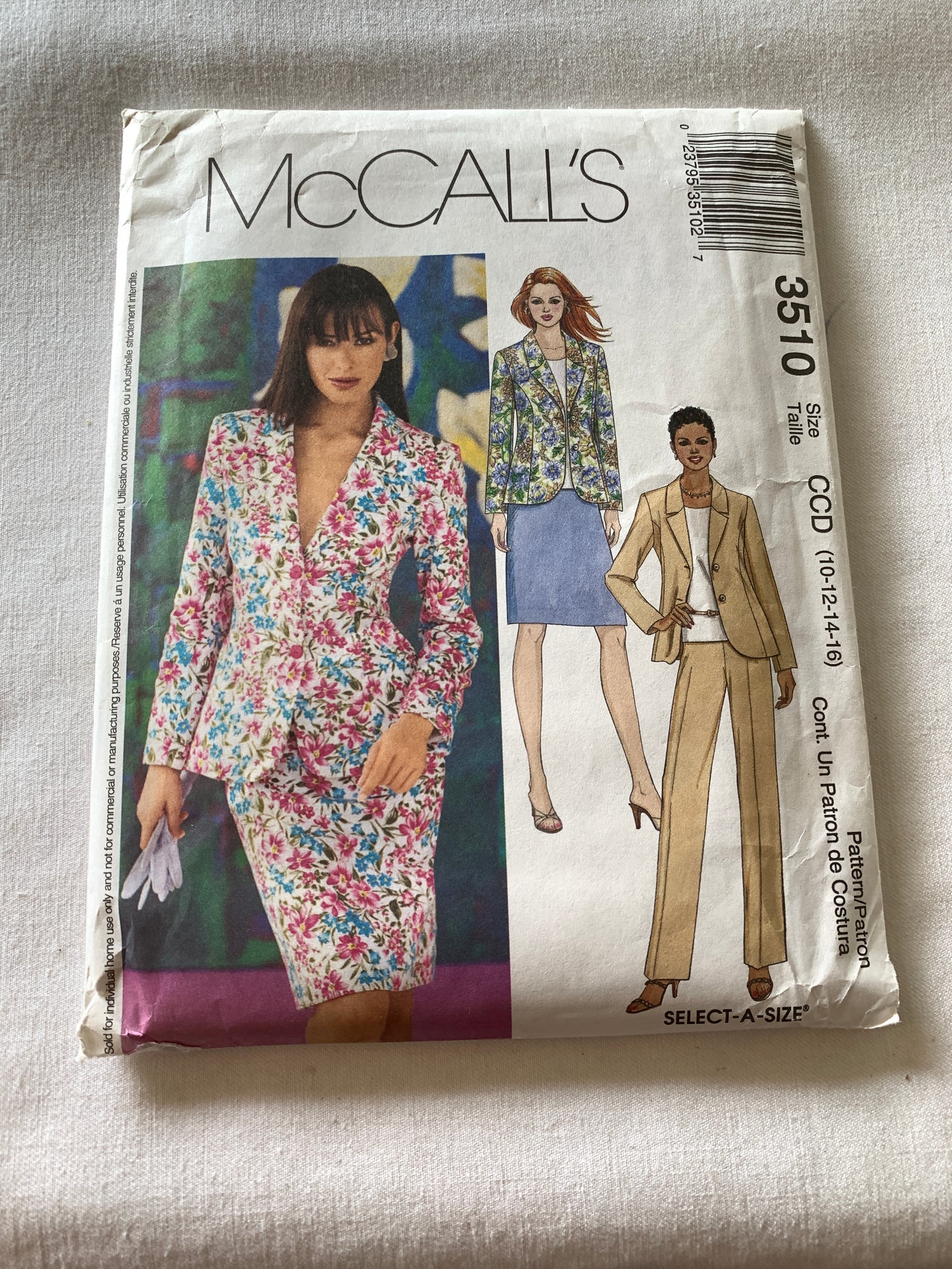 McCall's Sewing Pattern 3510 Misses'/Miss Petite Lined Jacket, Top, Skirt, Pants, Two Lengths, Pockets, Collar, Zipper Back, Button Front, Size 10-16, Uncut, 2002