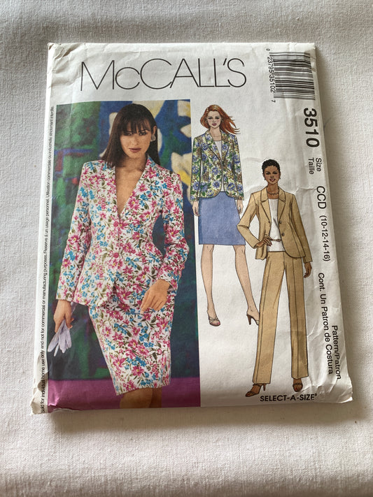 McCall's Sewing Pattern 3510 Misses'/Miss Petite Lined Jacket, Top, Skirt, Pants, Two Lengths, Pockets, Collar, Zipper Back, Button Front, Size 10-16, Uncut, 2002