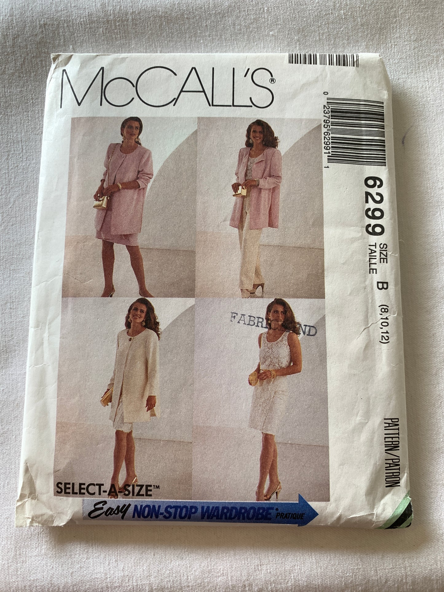 McCall's Sewing Pattern 6299 Misses' Unlined Jacket, Top, Pants, Mock Wrap Skirt, Pockets, Zipper, Size 8-12, Uncut, Vintage 1992
