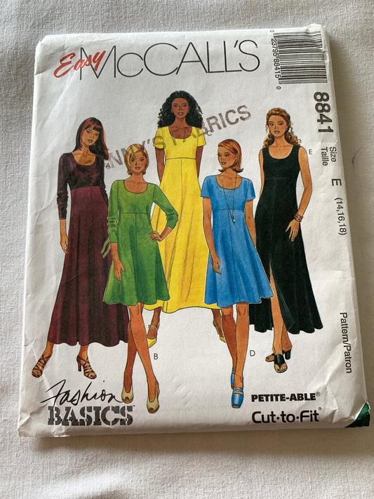 McCall's Sewing Pattern 8841 Misses' Dresses, 5 Variations, Loose-Fitting, Pullover, Long/Short Sleeves, Two Lengths, Size 14-18, Uncut, Vintage 1997