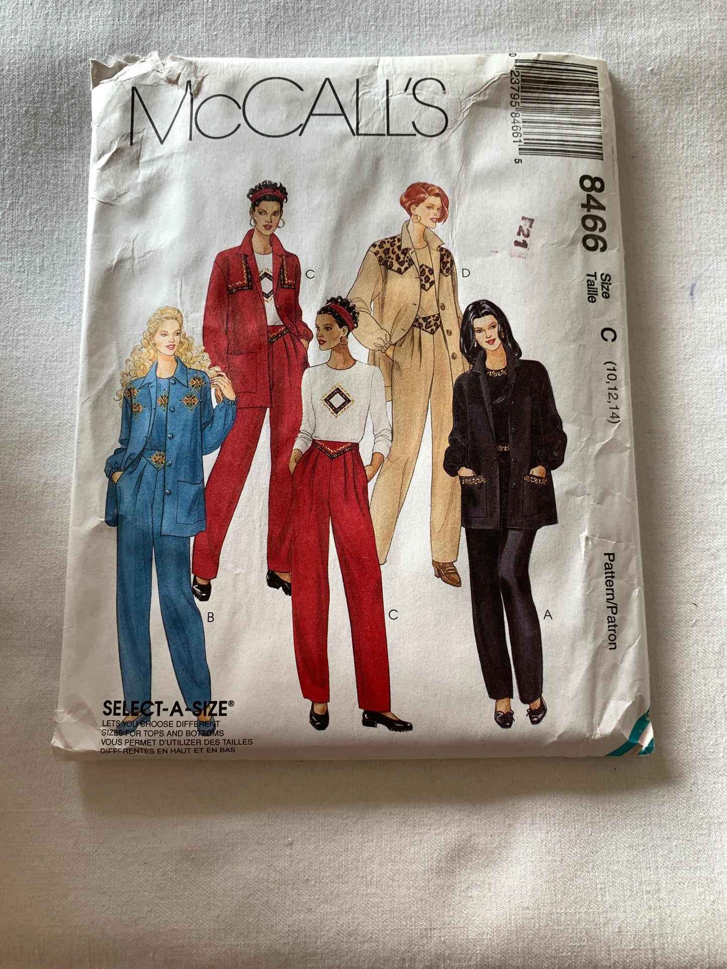 McCall's Sewing Pattern 8466 Misses' Jacket, Top, Pants, Loose-Fitting, Shoulder Pads, Size 10-14, Uncut, Vintage 1996
