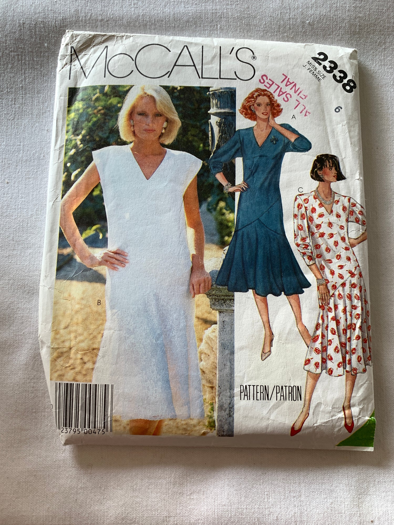 McCall's Sewing Pattern 2338 Misses' Dress, Sleeveless, Long Sleeves, Zipper Back, Semi-Fitted, Size 6, Uncut, Vintage 1986