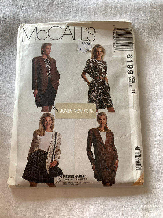 McCall's Sewing Patterns 6199 Misses' Lined Jacket, Top, Skirt, Shorts, Long/Short Sleeves, Pockets, Zipper Back, Size 10, Uncut, Vintage 1992