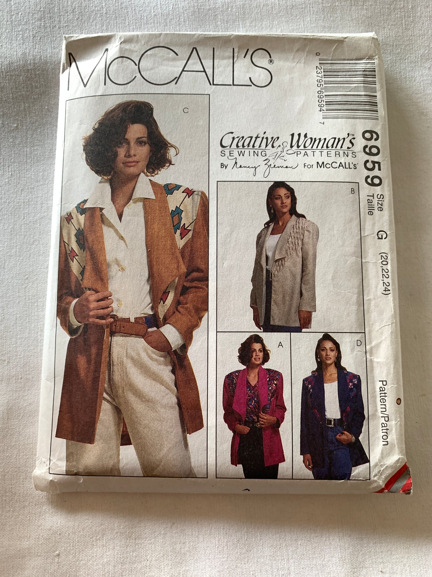 McCall's Sewing Pattern Nancy Zieman 6959 Misses' Unlined Jacket, Long Sleeves, Western Style, 4 Variations, Size 20-24, Uncut, Vintage 1994