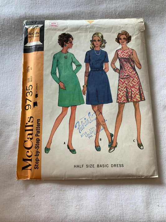 McCall's Sewing Pattern 9735 Misses' Dress, Zipper Back, Long/Short Sleeves, Sleeveless, Belt, 4 Variations, Size 181/2, Uncut, Vintage 1969