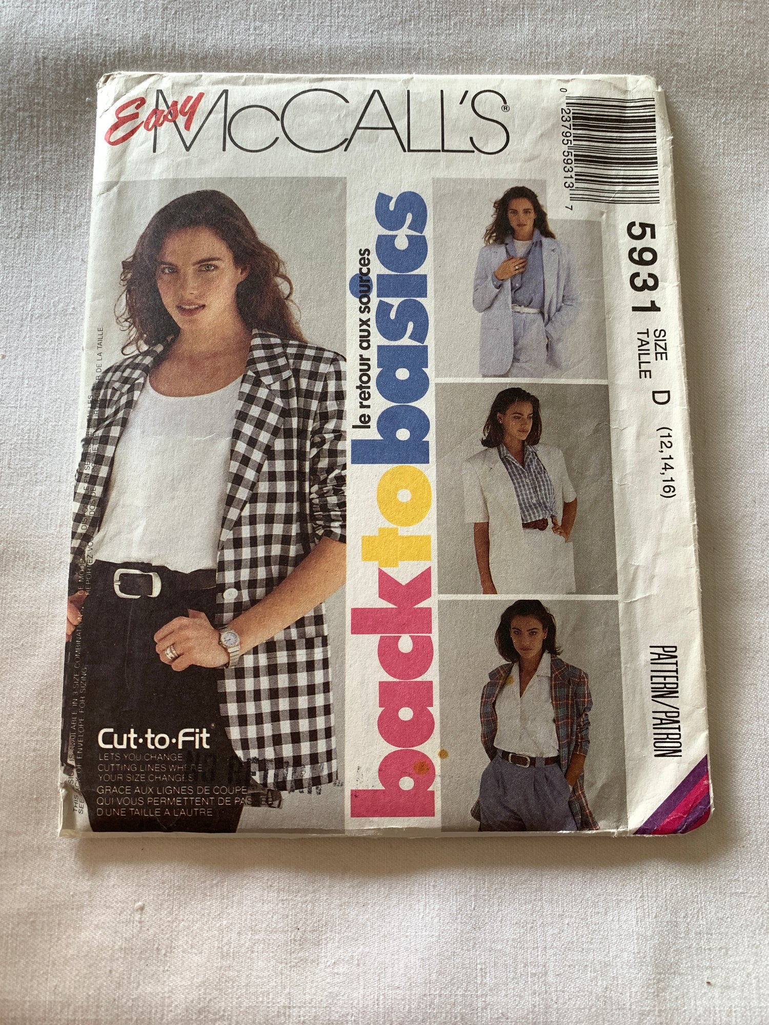 McCall's Sewing Pattern 5931 Misses' Unlined Jacket, Loose-Fitting, Shoulder Pads, Button Front, Size 12-16, Uncut, Vintage 1992
