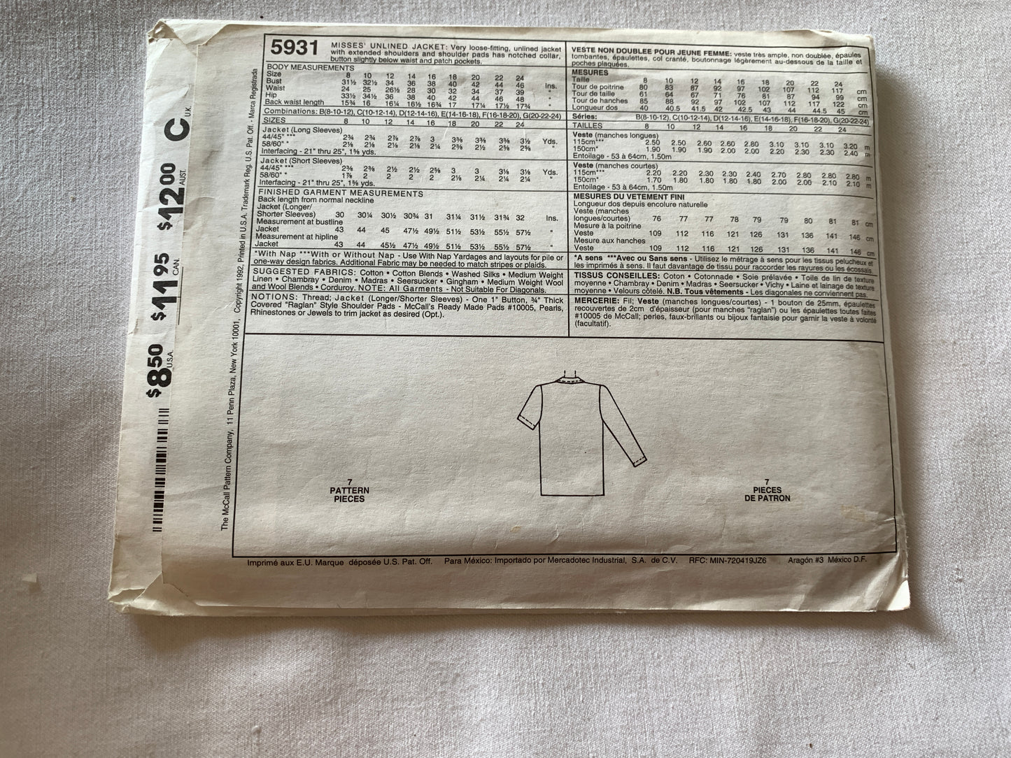McCall's Sewing Pattern 5931 Misses' Unlined Jacket, Loose-Fitting, Shoulder Pads, Button Front, Size 12-16, Uncut, Vintage 1992