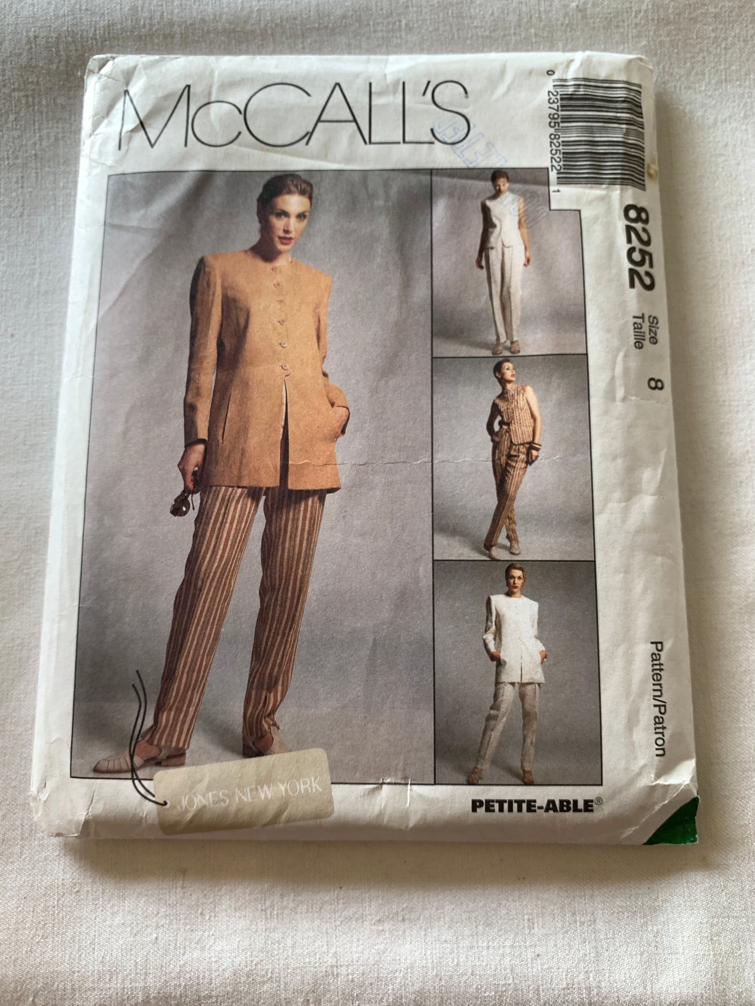 McCall's Sewing Pattern 8252 Misses' Lined Jacket/Vest, Pants, Pockets, Zipper Back, Button Front, Size 8, Uncut, Vintage 1998