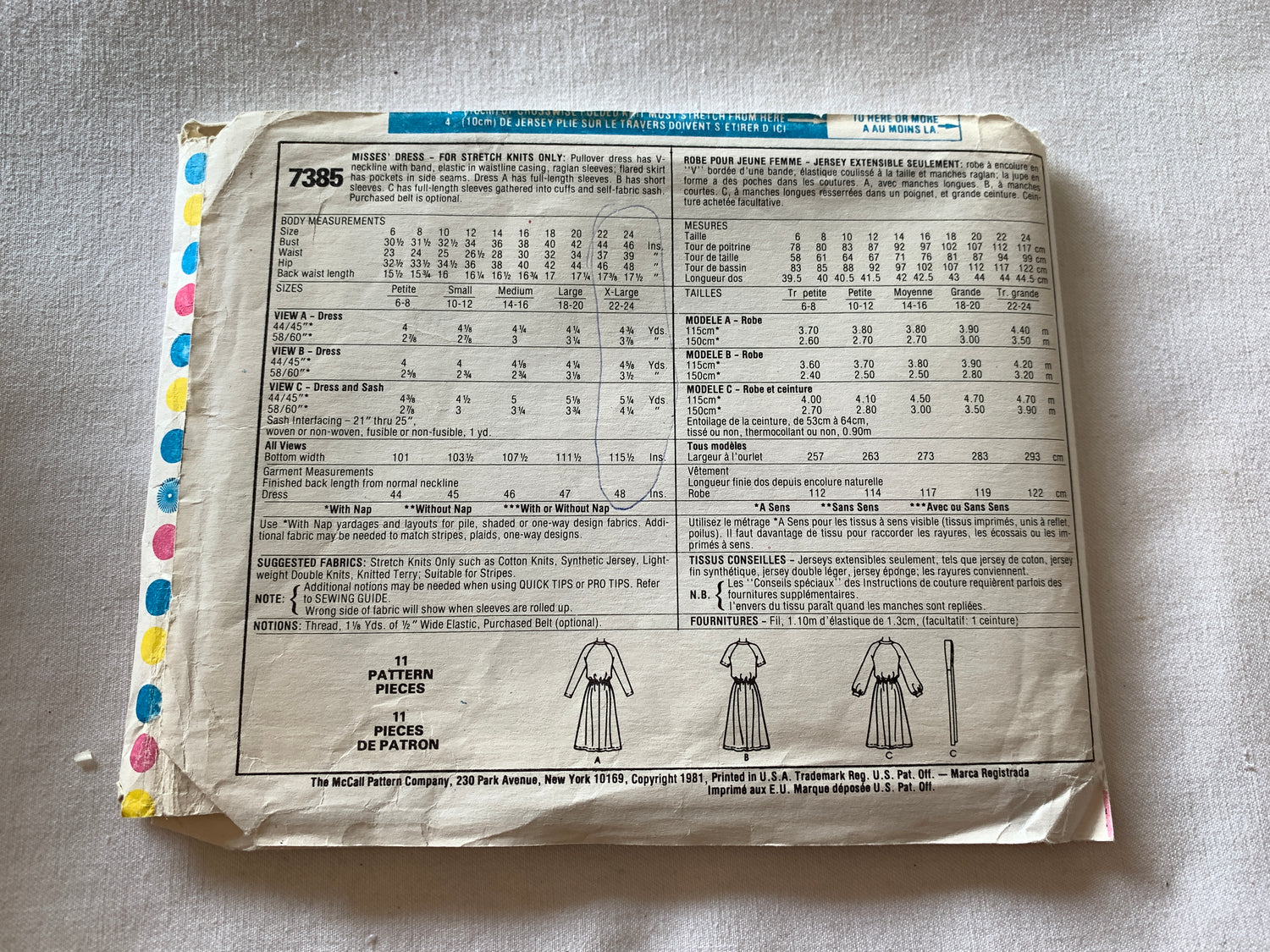 McCall's Sewing Pattern 7385 Misses' Dress, Stretch Knits Only, Pullover, Size 22-24, Uncut, Vintage 1981