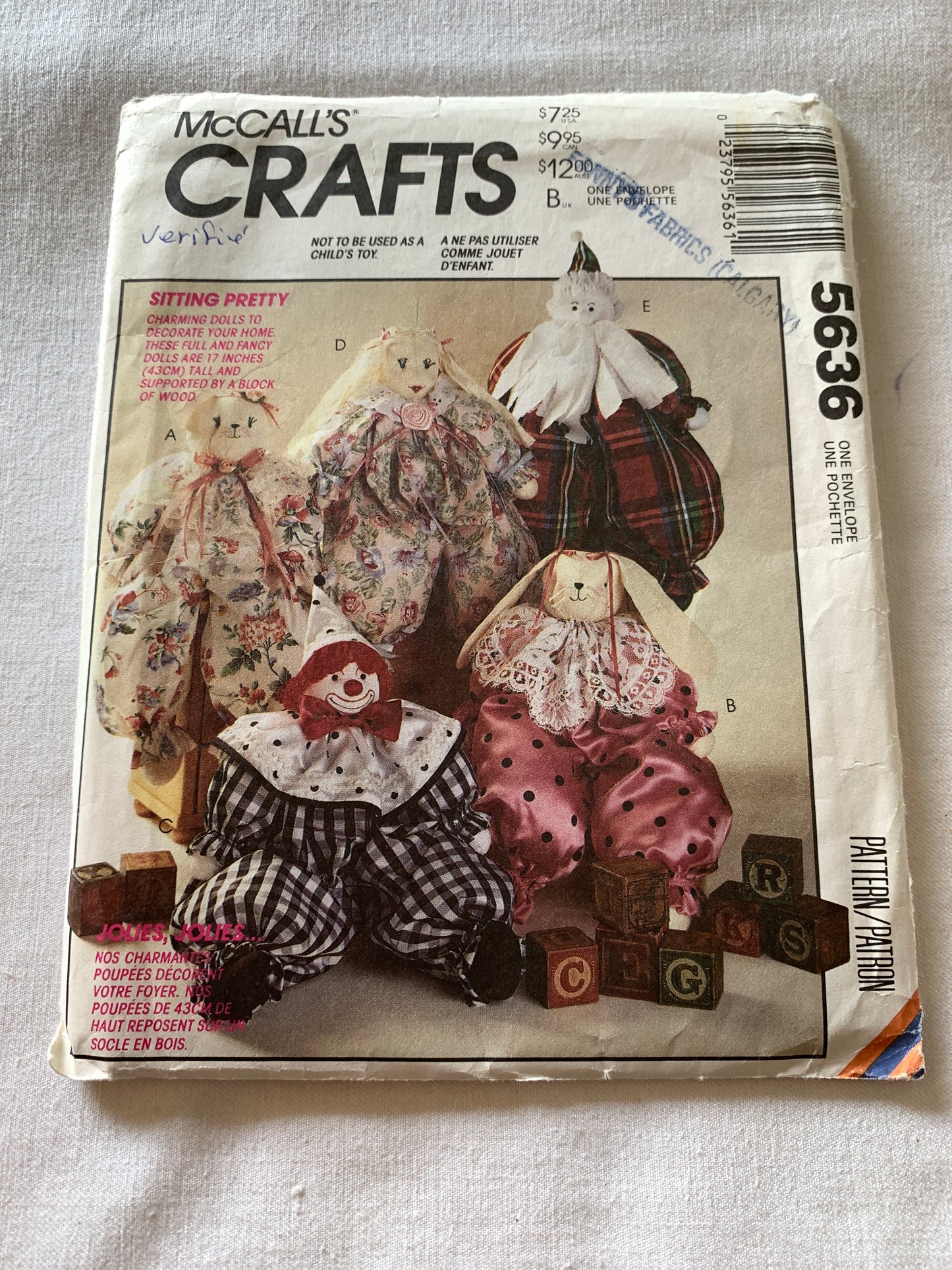 McCall's Sewing Pattern 5636 Crafts, Block Dolls, Sitting Pretty, Bear, Rabbit, Clown, Girl, Santa, Clothes, 17" Stuffed Doll, Uncut, Vintage 1991