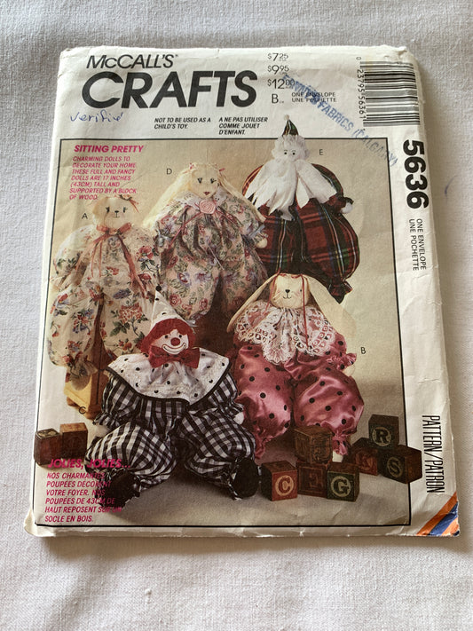 McCall's Sewing Pattern 5636 Crafts, Block Dolls, Sitting Pretty, Bear, Rabbit, Clown, Girl, Santa, Clothes, 17" Stuffed Doll, Uncut, Vintage 1991