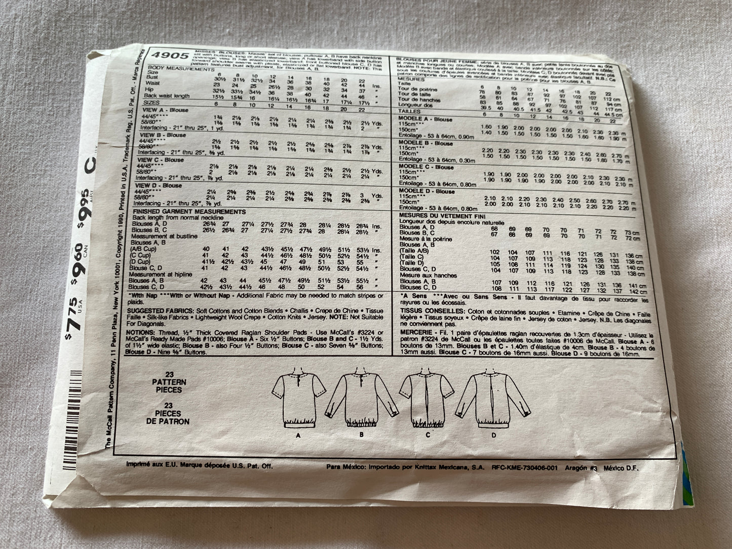 McCall's Palmer Pletsch Sewing Pattern 4905 Misses' Blouses, 4 Variations, Button Front, Pullover, Size 18, Uncut, Vintage 1990