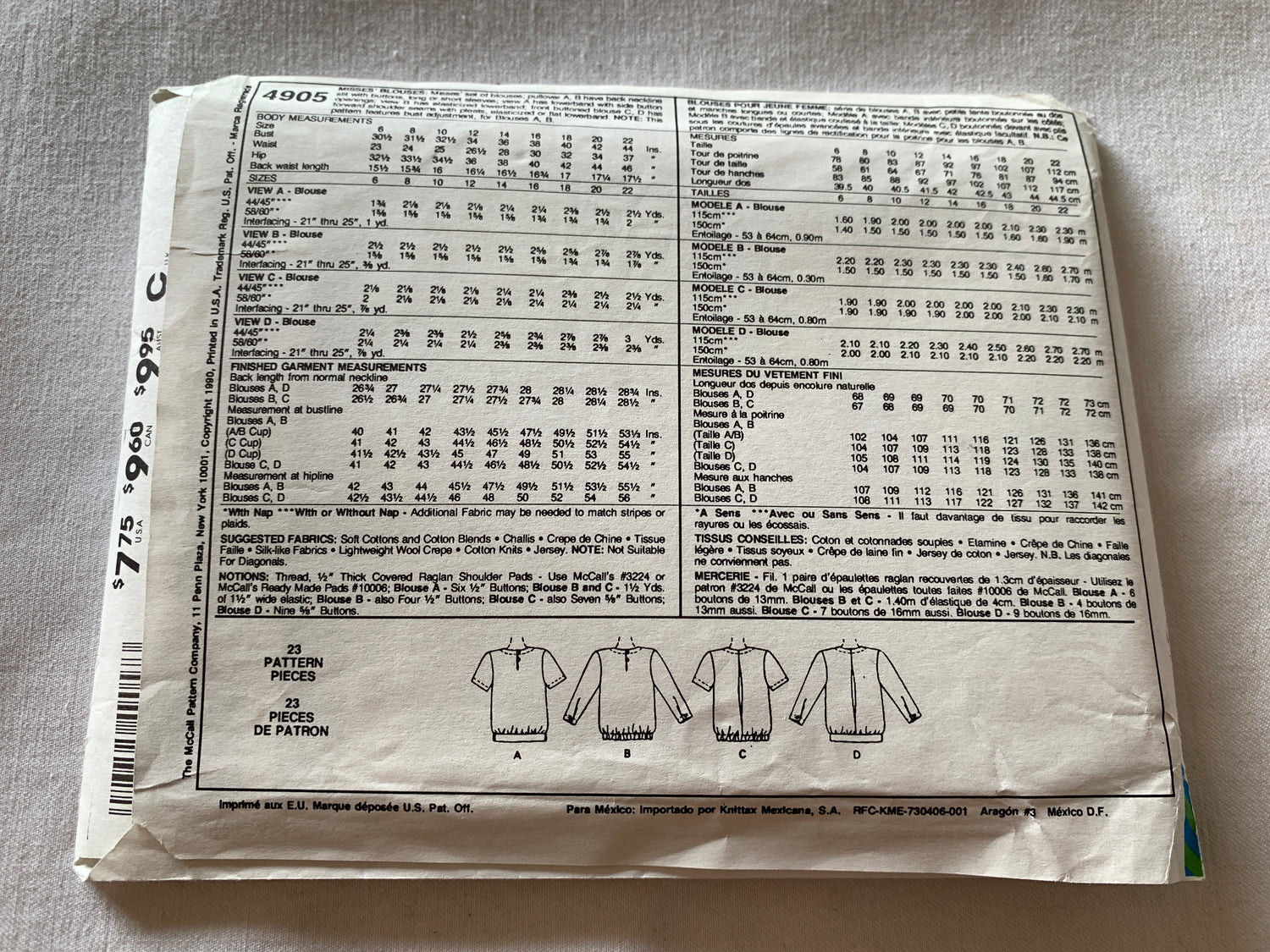 McCall's Palmer Pletsch Sewing Pattern 4905 Misses' Blouses, 4 Variations, Button Front, Pullover, Size 18, Uncut, Vintage 1990