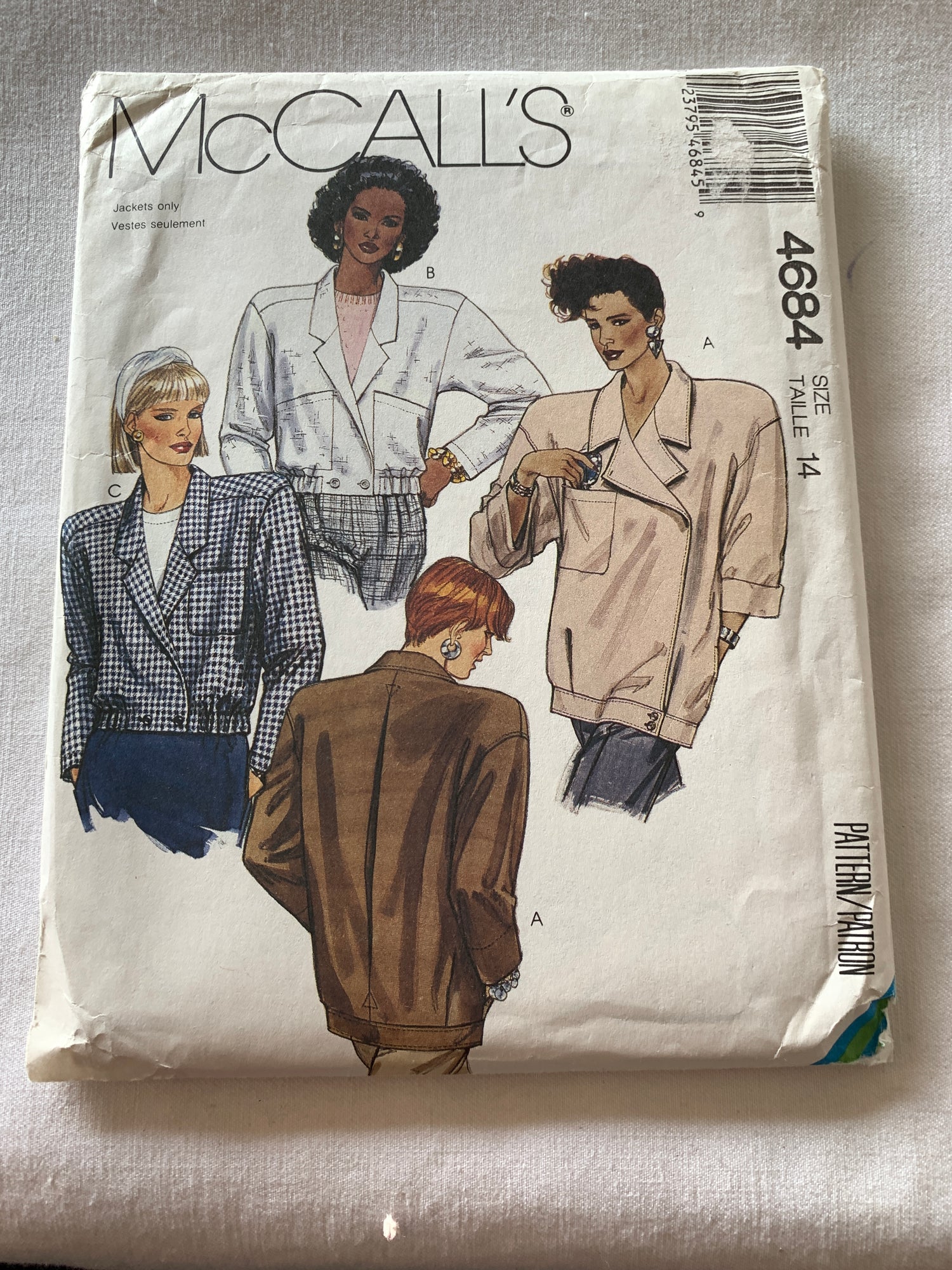 McCall's Sewing Pattern 4684 Misses' Unlined Jacket, Loose-Fitting, Shoulder Pads, Button Front, Size 14, Uncut, Vintage 1990