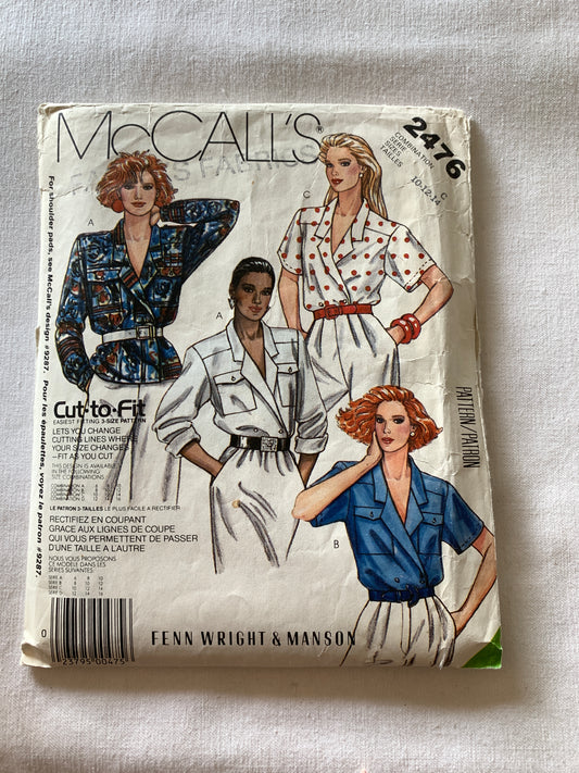 McCall's Sewing Pattern 2476 Misses' Blouses, Long/Short Sleeves, Pocket, Shirts, Button Front, Double Breasted, Loose-Fitting, Size 10-12, Cut, Vintage 1986