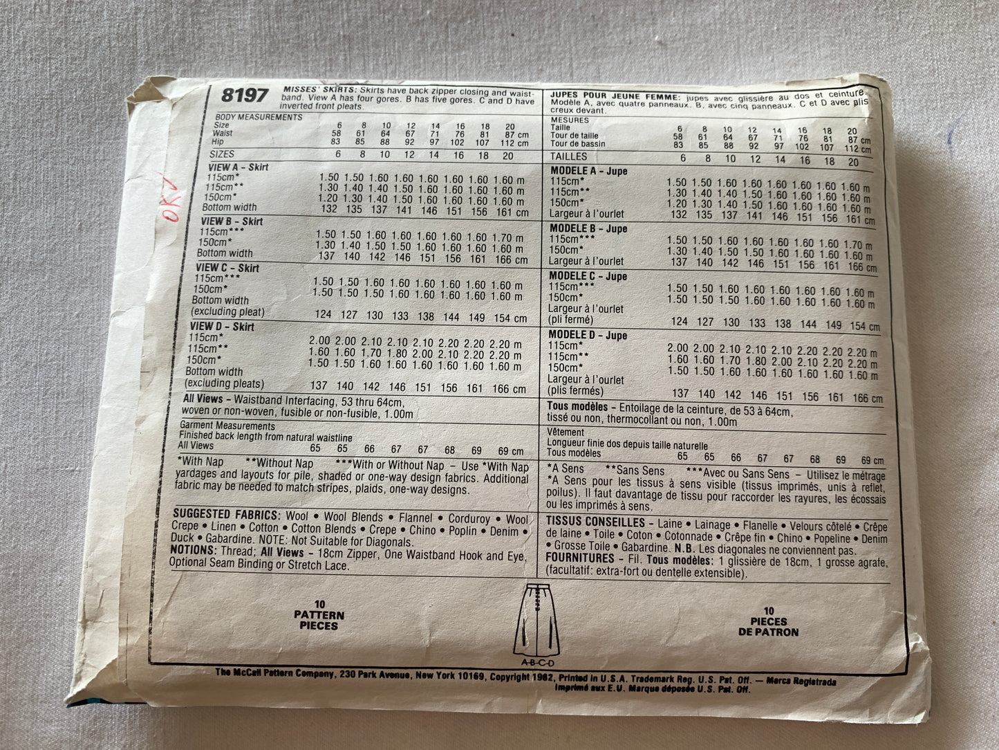 McCall's Sewing Pattern 8197 Misses' Skirt, Zipper Back, Waistband, Pleats, Size 16, Cut, Vintage 1982