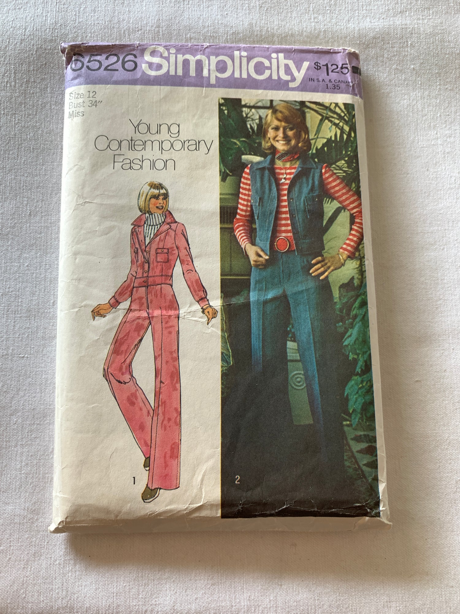 Simplicity Sewing Pattern 6526 Misses' Unlined Jacket, Vest, Pants, Button Front, Pockets, Zipper Front, Size 12, Cut, Vintage 1974