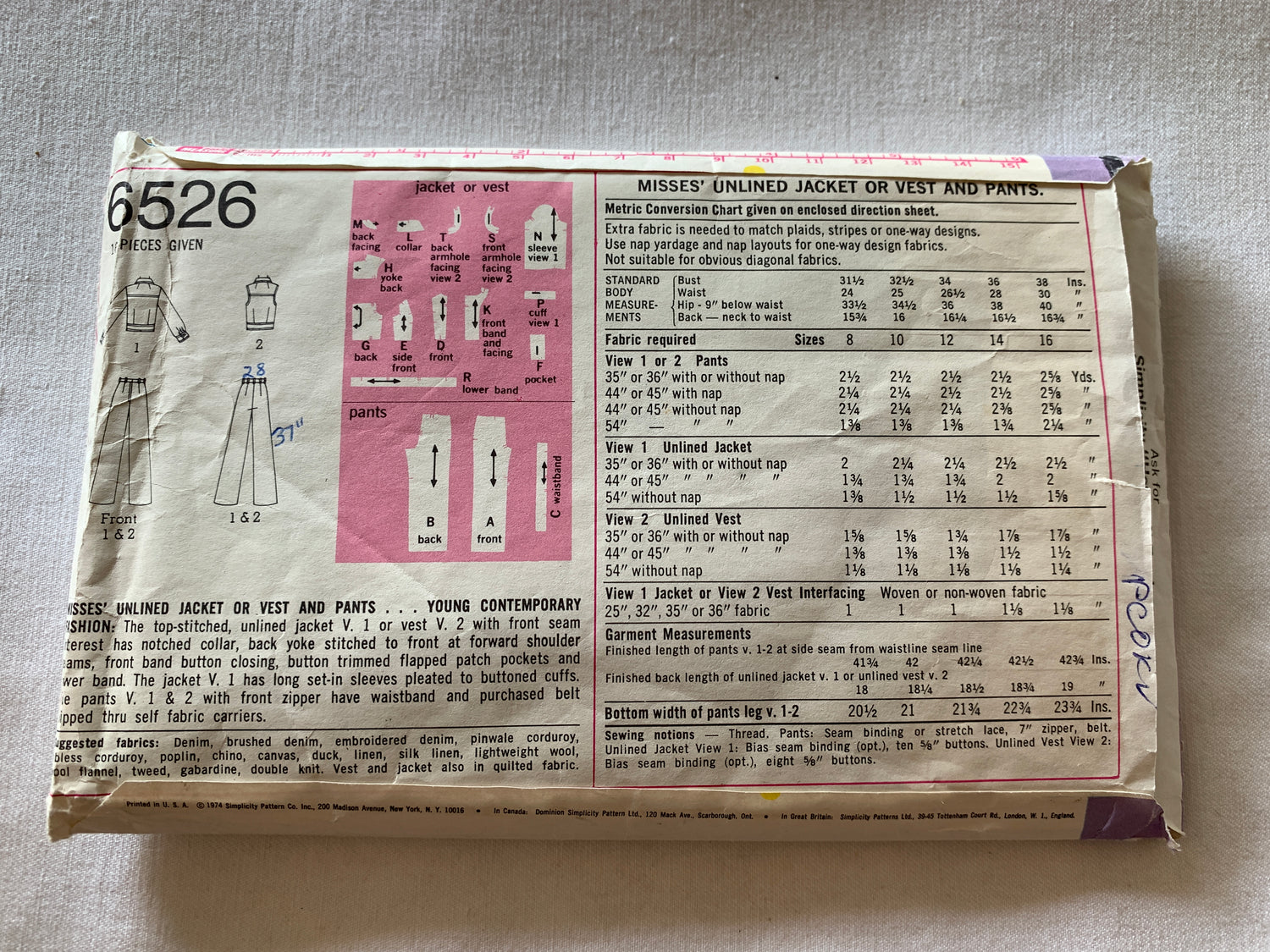 Simplicity Sewing Pattern 6526 Misses' Unlined Jacket, Vest, Pants, Button Front, Pockets, Zipper Front, Size 12, Cut, Vintage 1974