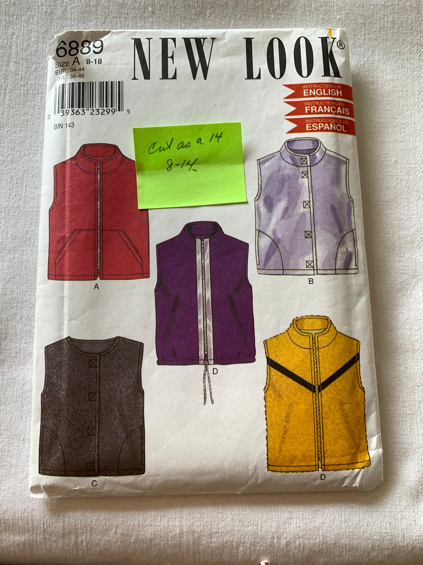 Simplicity Sewing Pattern New Look 6889 Misses' Vests, Sleeveless, Zipper Front, Pockets, Size 8-14, Cut, Vintage 1985