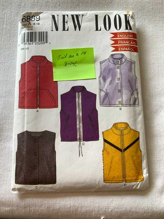 Simplicity Sewing Pattern New Look 6889 Misses' Vests, Sleeveless, Zipper Front, Pockets, Size 8-14, Cut, Vintage 1985
