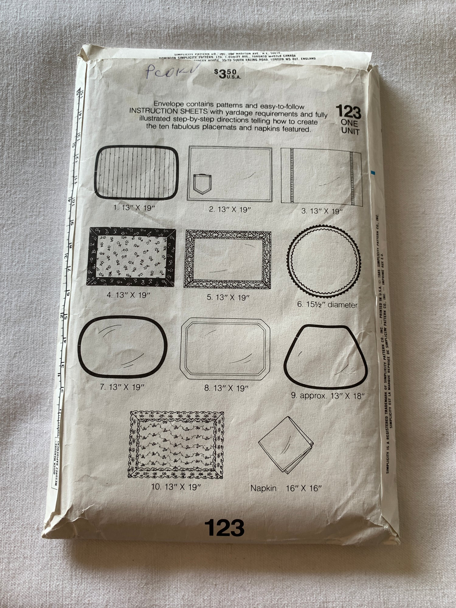 Simplicity Sewing Pattern 123, Crafts, Dining Room Accessories, Placemats, Napkins, 11 Variations, Cut, Vintage 1985